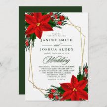 クリスマスの赤いポインセチアと松の葉のウェディング