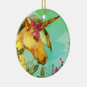 クリスマスの赤いポインセチアの魔法の金ユニコーン セラミックオーナメント (右)