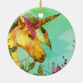 クリスマスの赤いポインセチアの魔法の金ユニコーン セラミックオーナメント (裏面)
