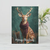 クリスマスの赤いマフラーの鹿の芸術作品 シーズンカード (スタンド正面)
