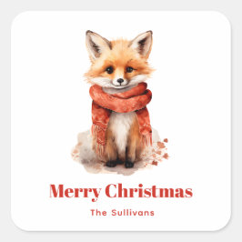 クリスマスの赤いマフラー姿の可愛い子ギツネ スクエアシール