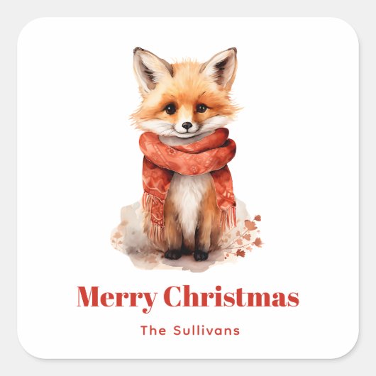 クリスマスの赤いマフラー姿の可愛い子ギツネ スクエアシール (正面)