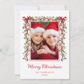 クリスマスの赤いリボンとグリーン 水彩写真 シーズンカード (正面)