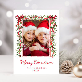 クリスマスの赤いリボンとグリーン 水彩写真 シーズンカード