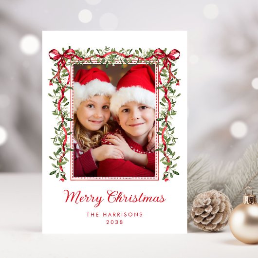 クリスマスの赤いリボンとグリーン 水彩写真 シーズンカード