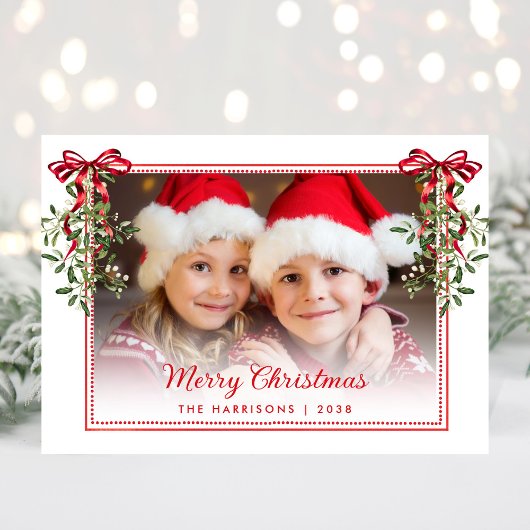 クリスマスの赤いリボンとグリーン 水彩写真 シーズンカード