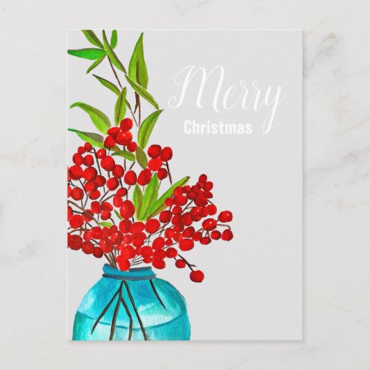 クリスマスの赤い実の水彩画アート シーズンポストカード (正面)