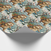 クリスマスの赤い実の籠を持つビンテージのハリネズミ ラッピングペーパー (角)