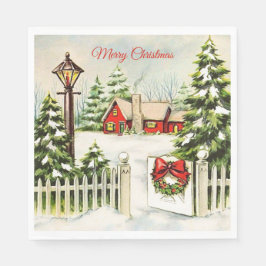 クリスマスの赤い家のランタンとモミの木のペーパーアイテム スタンダードランチョンナプキン