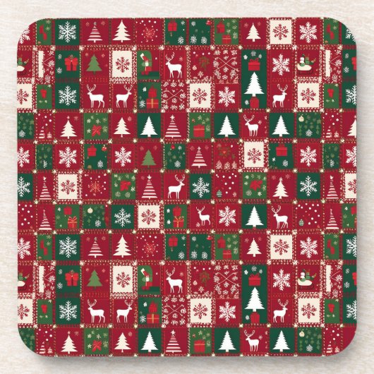 クリスマスの赤い格子のホリデー デザイン 🎄❤️✨ コースター (正面)