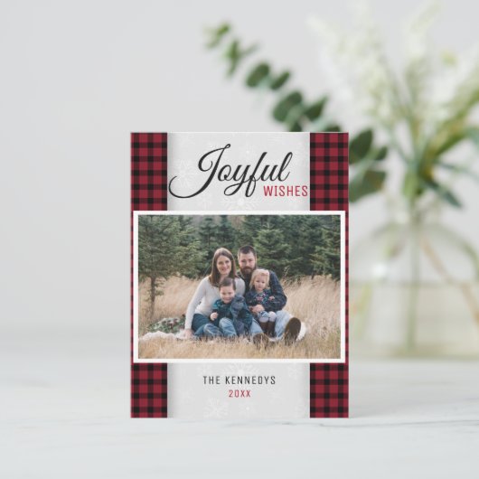 クリスマスの赤い格子縞の家族写真 シーズンポストカード (スタンド正面)