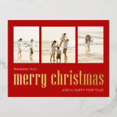 クリスマスの赤い楽しい写真コラージュカード 箔シーズンポストカード (正面)