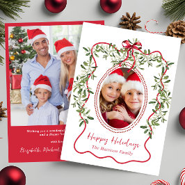 クリスマスの赤い波状フレームのリボンとグリーン写真 シーズンカード