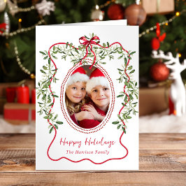 クリスマスの赤い波状フレームのリボンとグリーン写真 シーズンカード
