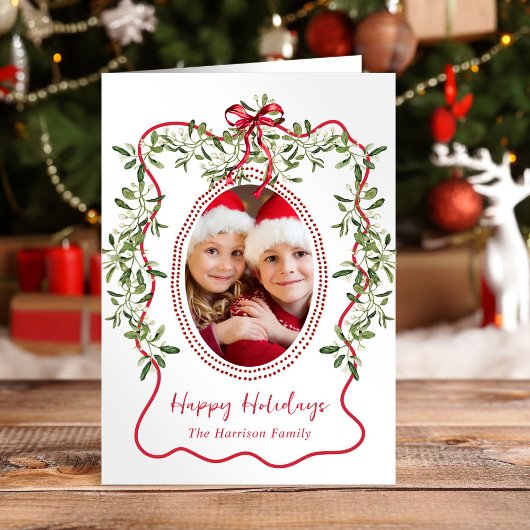 クリスマスの赤い波状フレームのリボンとグリーン写真 シーズンカード