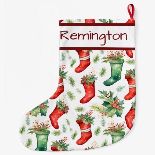 クリスマスの赤い緑のストッキングパターンストッキング ラージクリスマスストッキング (裏面)
