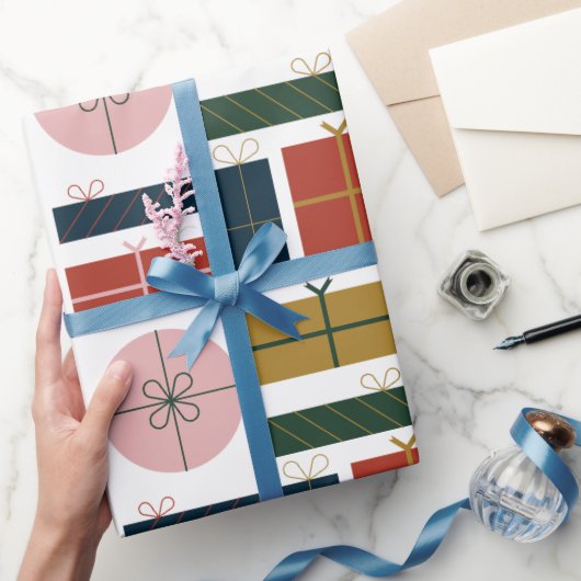 クリスマスの赤い緑のピンクの幾何学的スタイル ラッピングペーパー (ギフト)