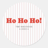 クリスマスの赤い縞模様のHo Ho Ho ラウンドシール (正面)