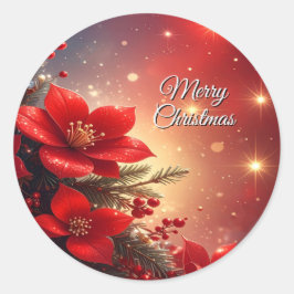 クリスマスの赤い花のホリデーステッカー ラウンドシール