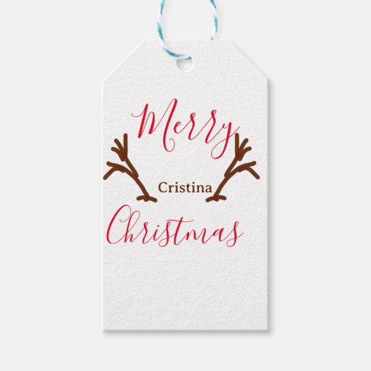 クリスマスの赤い茶色のトナカイの角の休日テ ギフトタグ (正面)