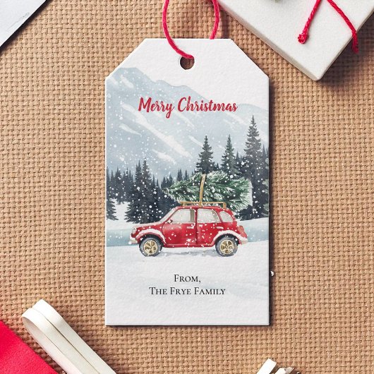 クリスマスの赤い車のツリー ホリデー ギフトタグ