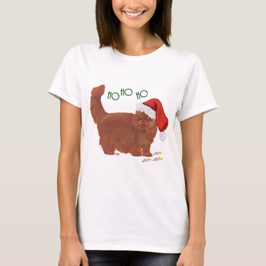 クリスマスの赤い長毛種のペルシャ猫 Tシャツ (正面)