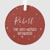 クリスマスの赤い鼻のトナカイの雪の結晶と名前が赤 オーナメント (裏面)