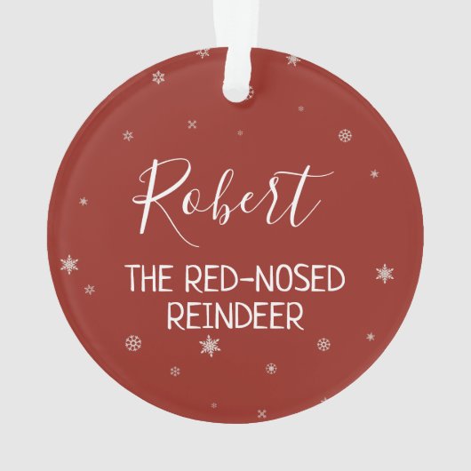 クリスマスの赤い鼻のトナカイの雪の結晶と名前が赤 オーナメント (裏面)