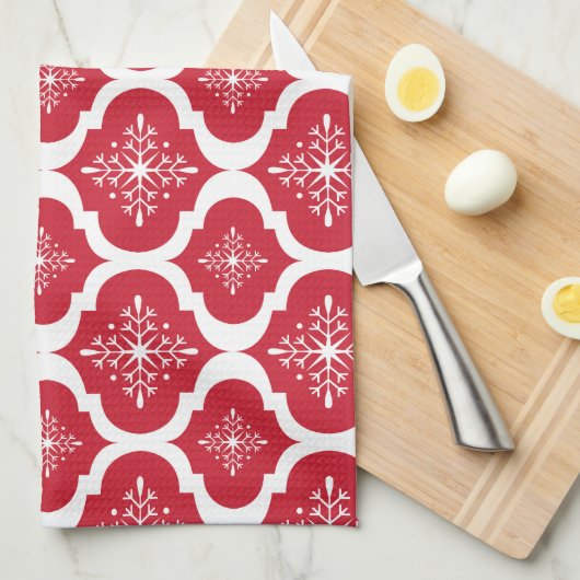 クリスマスの赤く白い雪片の格子パターン キッチンタオル (四つ折り)