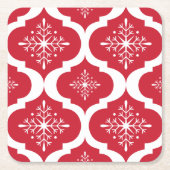 クリスマスの赤く白い雪片の格子パターン スクエアペーパーコースター (正面)