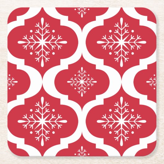 クリスマスの赤く白い雪片の格子パターン スクエアペーパーコースター (正面)