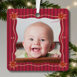 クリスマスの赤ちゃんの最初の休日の写真 赤ストライプ メタルオーナメント