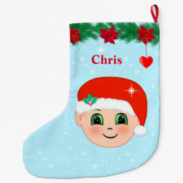 クリスマスの赤ちゃんの顔、ハート、ポインセチア、松 ラージクリスマスストッキング