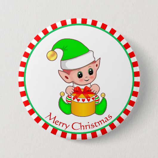 クリスマスの赤ちゃんエルフとギフトボックス 缶バッジ (正面)