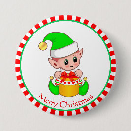 クリスマスの赤ちゃんエルフとギフトボックス 缶バッジ