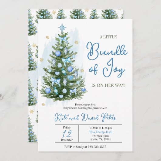 クリスマスの赤ちゃんシャワーの小さなバンドルの青 招待状 (正面/裏面)