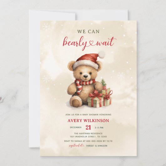 クリスマスの赤ちゃんシャワーを待つのかわいい 招待状 (正面)