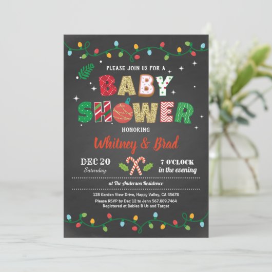 クリスマスの赤ちゃんシャワー男女兼用の黒板 招待状 (スタンド正面)