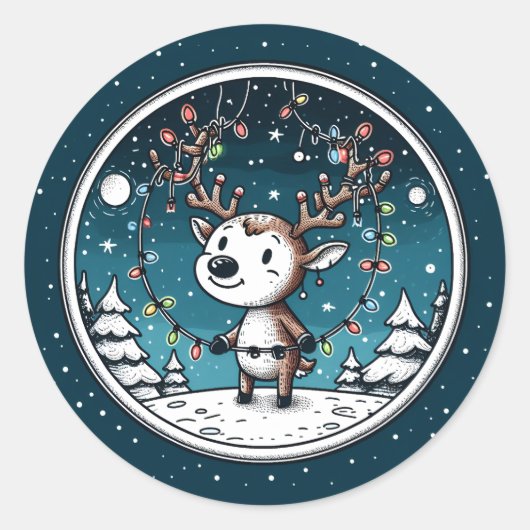 クリスマスの赤ちゃんトナカイ ラウンドシール (正面)
