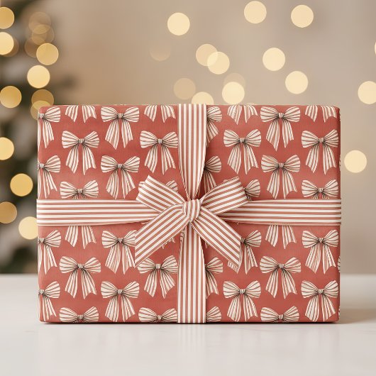 クリスマスの赤と白のストライプの蝶結び ラッピングペーパー