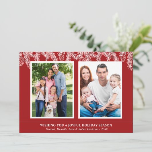 クリスマスの赤と白の松の木の雪の結晶の家族写真 シーズンカード (スタンド正面)
