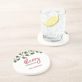 クリスマスの赤と緑の水彩リース コースター