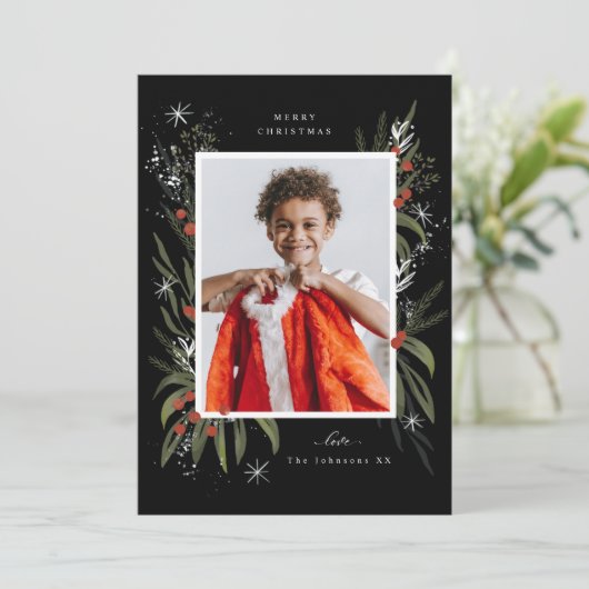 クリスマスの赤と緑の葉の写真 シーズンカード (スタンド正面)
