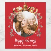 クリスマスの赤と金の飾り玉の友達との写真パーティー ワインラベル (シングルラベル)