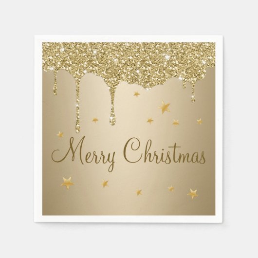クリスマスの輝きが滴る金ゴールドと星 スタンダードカクテルナプキン (正面)