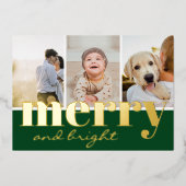 クリスマスの輝きとスタイリッシュなグリーンの3つの写真 箔シーズンカード (正面)