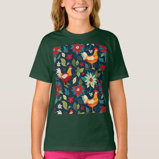 クリスマスの農場のニワトリとポインセチア Tシャツ (正面)