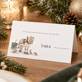 クリスマスの農場の馬の動物たちの冬のディナー プレイスカード