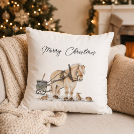 クリスマスの農場の馬の動物たち 冬 クッション