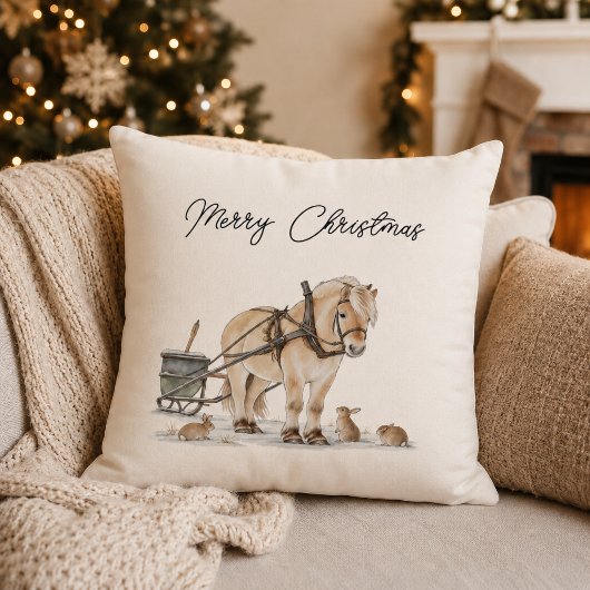クリスマスの農場の馬 冬 クッション